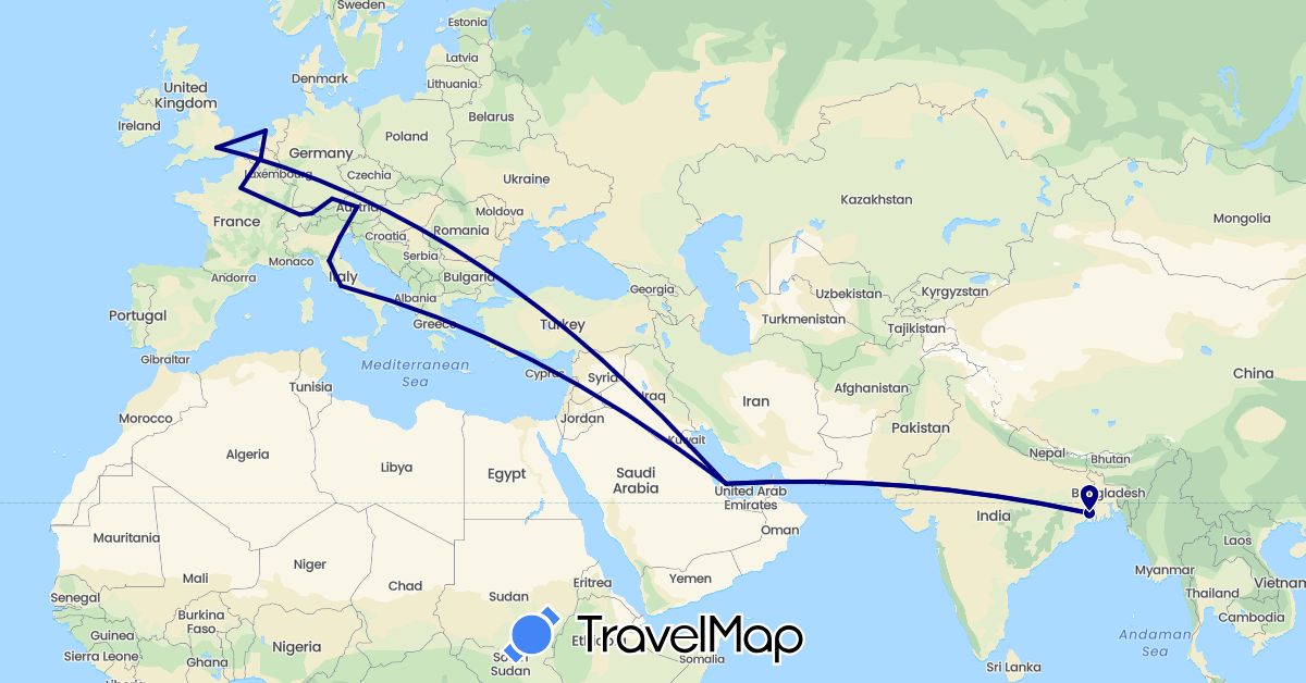 TravelMap itinerary: driving in Austria, Belgium, Switzerland, Germany, France, United Kingdom, India, Italy, Liechtenstein, Netherlands, Qatar (Asia, Europe)